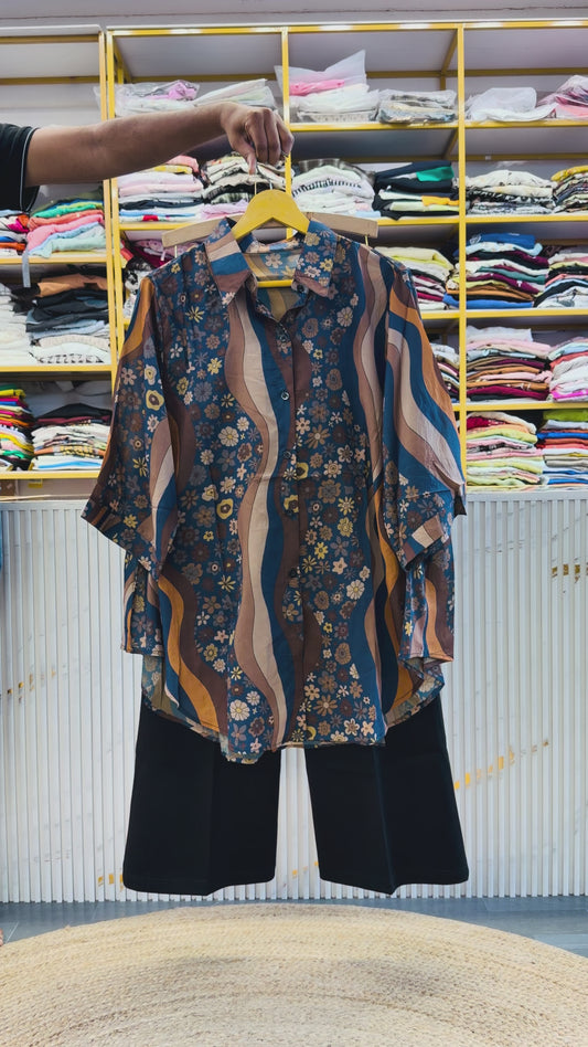 PRINTED  LONG SHIRT  WITH BELL BOTTOM PANT SET