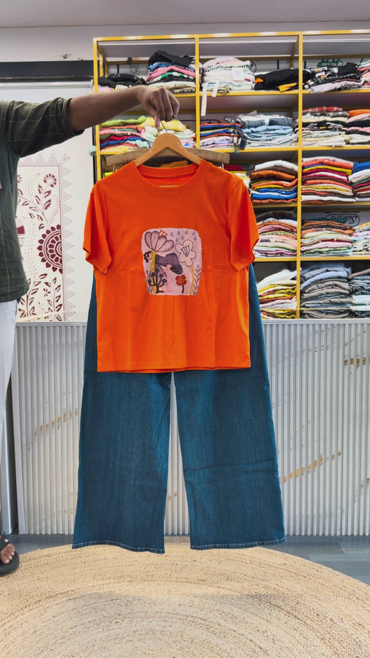ORANGE PRINT TSHIRT WITH STRAIGHT DENIM PANT SET