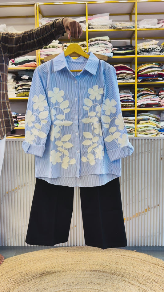 STRIPS FLOWER EMBROIDERY BLUE SHIRT SHIRT WITH BELL BOTTOM PANT SET