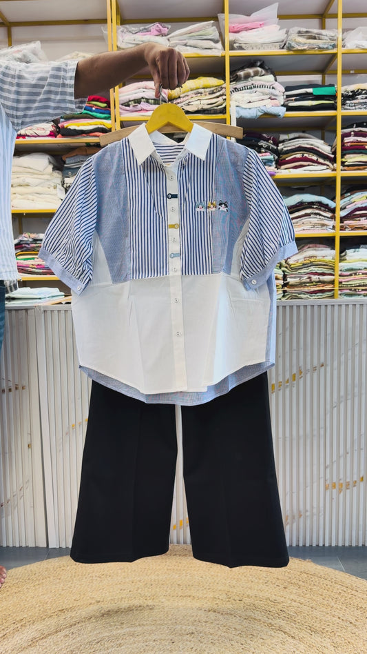STRIPS EMBROIDERY COTTON SHIRT  WITH BELL BOTTOM TROUSER PANT SET