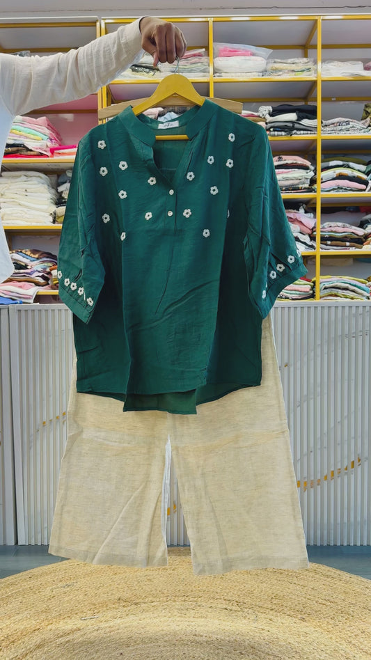 BOTTLE GREEN  EMBROIDERY CASUAL TOP WITH LINEN PANT SET