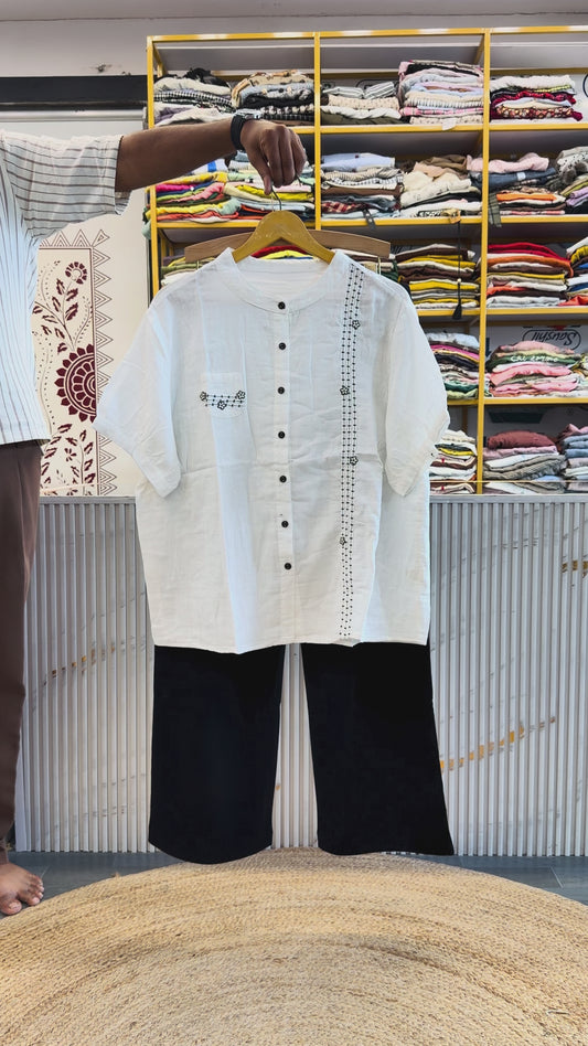 PURE MUL COTTON WHITE EMBROIDERY TOP WITH STRAIGHT FIT PANT SET