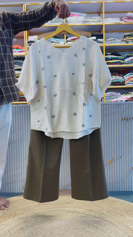 OFF WHITE WMBROIDERY TOP WITH BELL BOTTOM TROUSER PANT SET