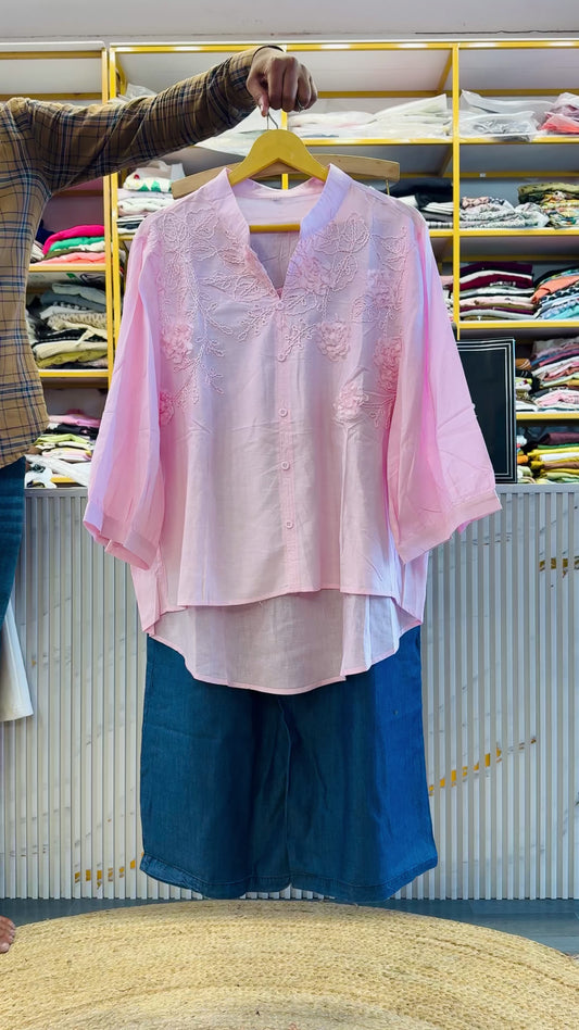 LIGHT PINK EMBROIDERY PURE COTTON TOP WITH SOFT PAPER DENIM PANT SET