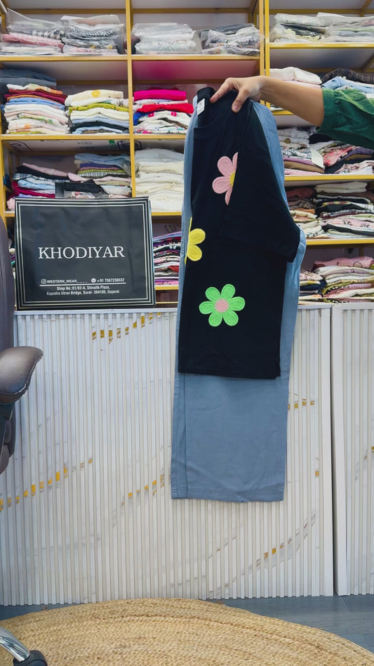 FLOWER PATCH BLACK COTTON TSHIRT WITH LINEN PANT SET