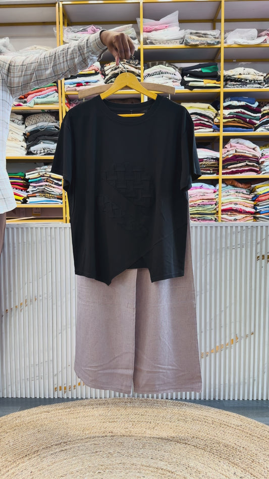 BLACK CASUAL TSHIRT WITH LINEN STRAIGHT PANT SET