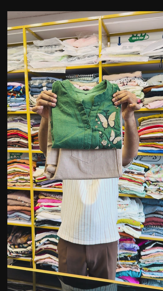 DARK GREEN  LINEN EMBROIDERY TOP WITH LINEN STRAIGHT PANT SET
