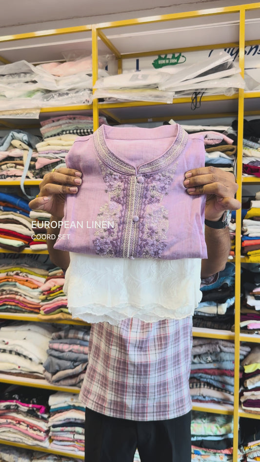 LIGHT PURPLE EMBROIDERY LINEN TOP WITH BOTTOM EMBROIDERY LINEN PANT SET