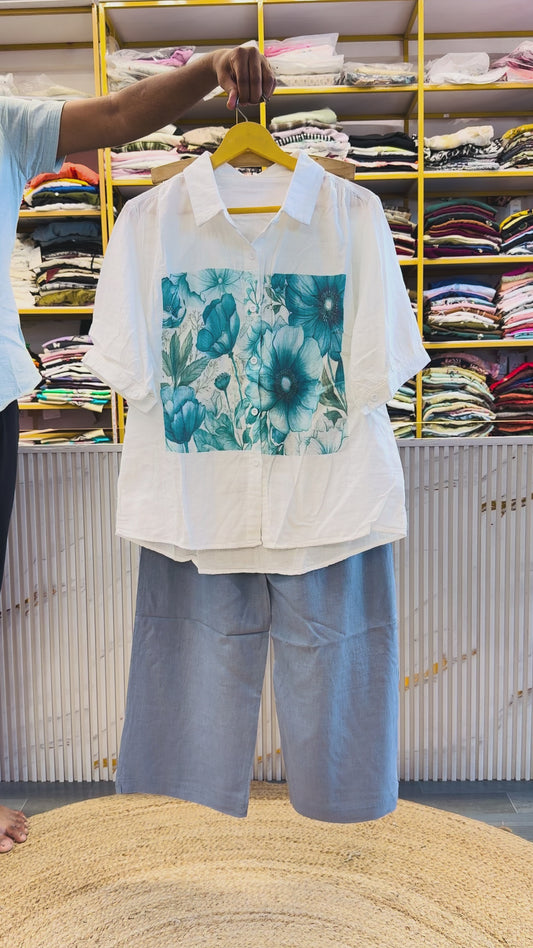 PRINTED MUL COTTON SHIRT WITH LINEN PANT SET