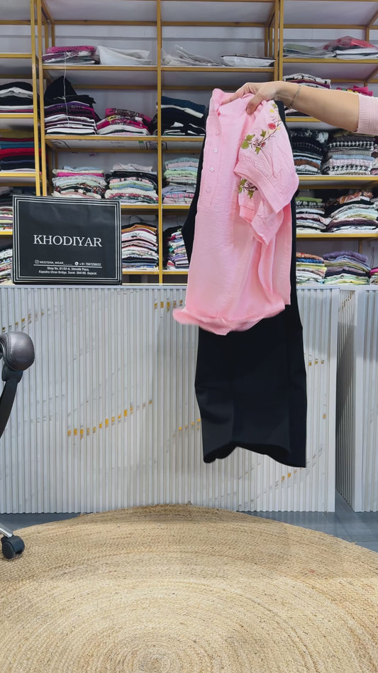 PEACH SLEEVE EMBROIDERY TOP WITH BELL BOTTOM BLACK TROUSER SET