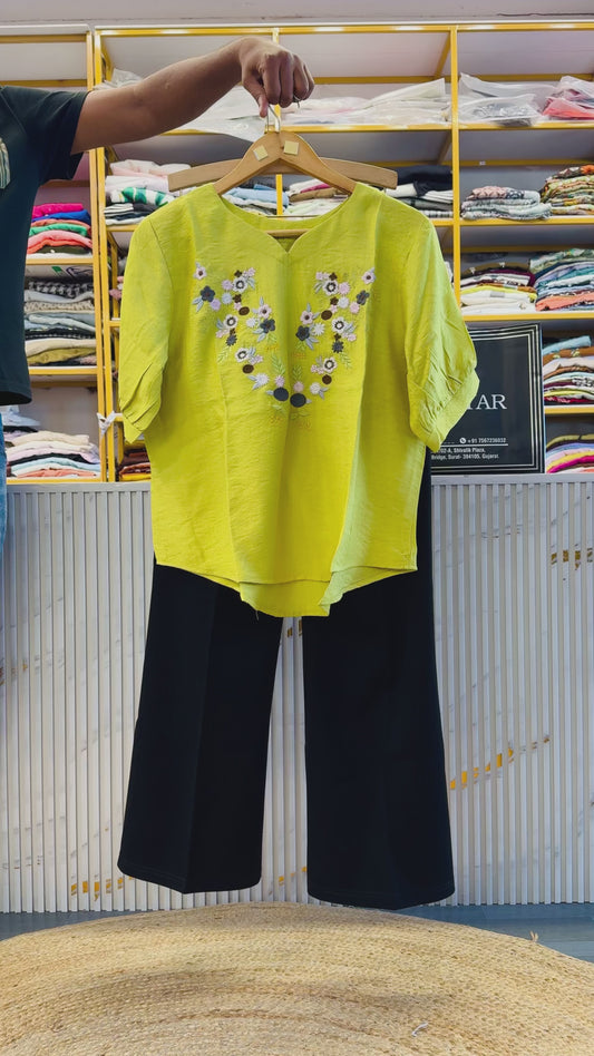 EMBROIDERY CASUAL TOP WITH BELL BOTTOM TROUSER  PANT SET