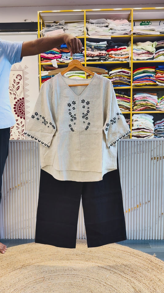 OFF WHITE LINEN EMBROIDERY TOP WITH LINEN STRAIGHT PANT SET