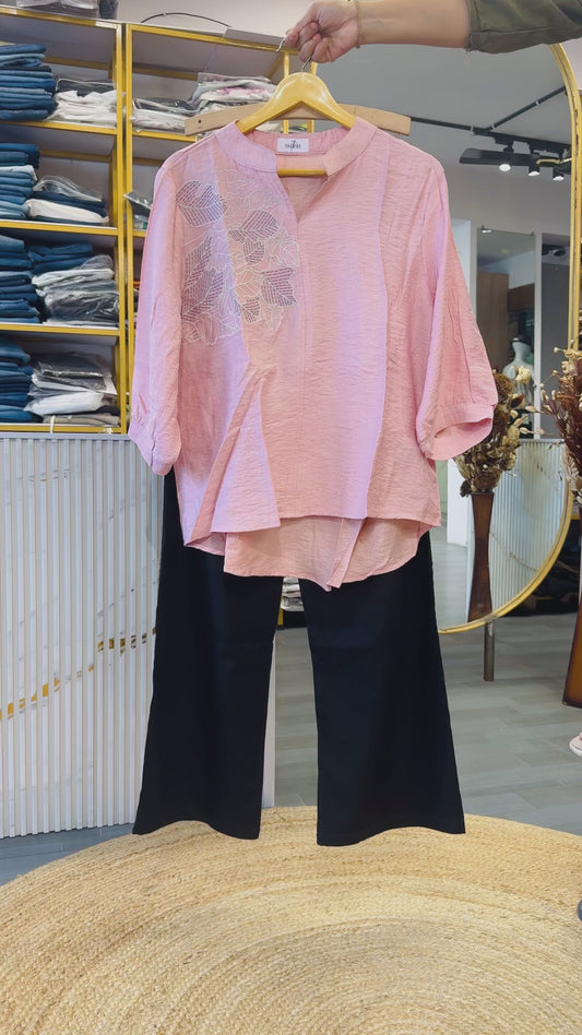 PINK EMBROIDERY CASUAL TOP  WITH LINEN PANT SET