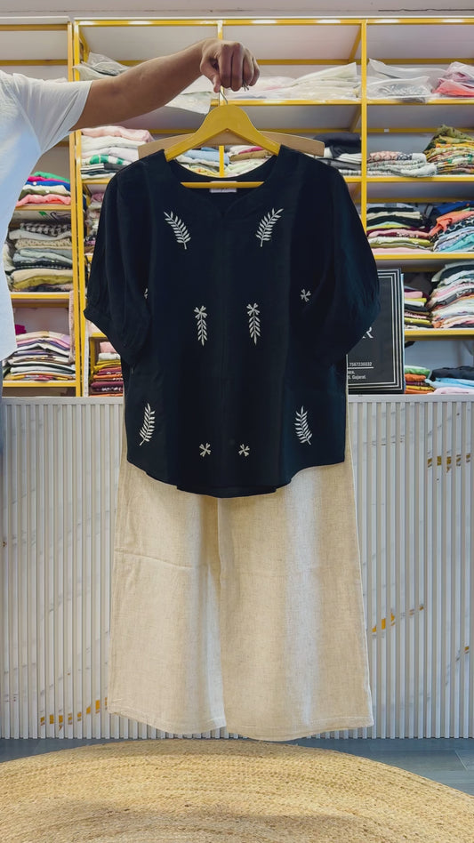 BLACK EMBROIDERY CASUAL TOP  WITH LINEN PANT SET