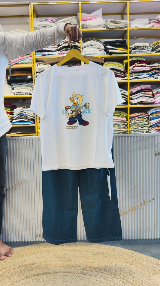 WHITE PRINT CASUAL TSHIRT WITH SOFT DENIM PANT SET
