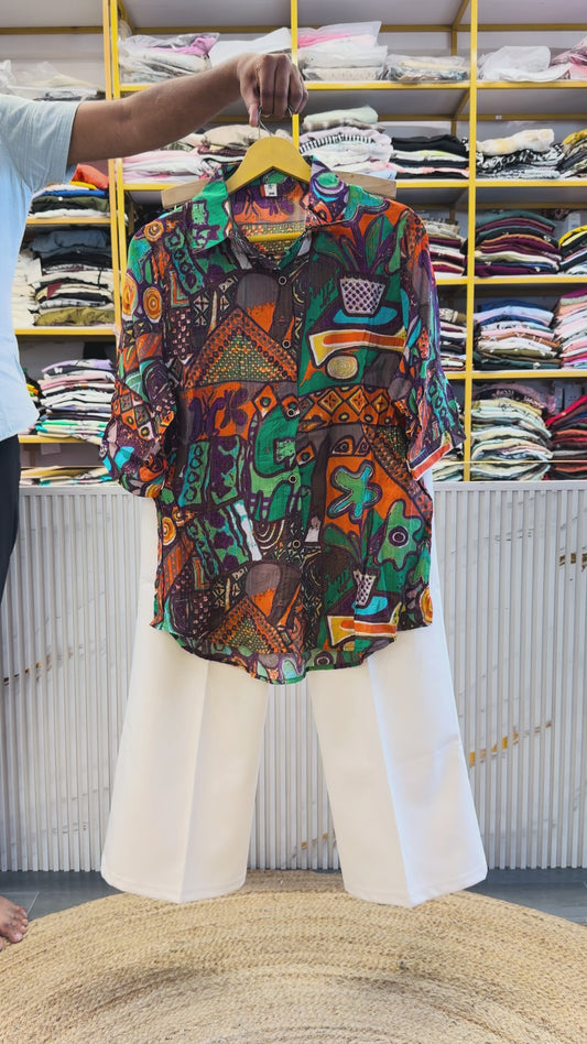 PRINT CHIFFON SHIRT  WITH BELL BOTTOM TROUSER PANT SET