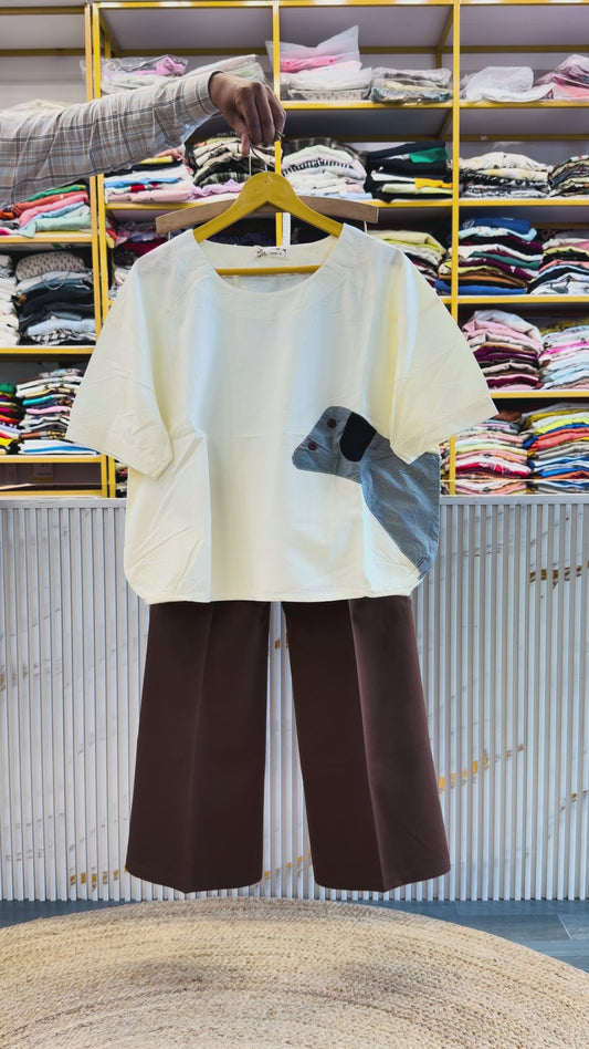 OFF WHITE CROP COTTON TSHIRT  WITH BELL BOTTOM PANT SET