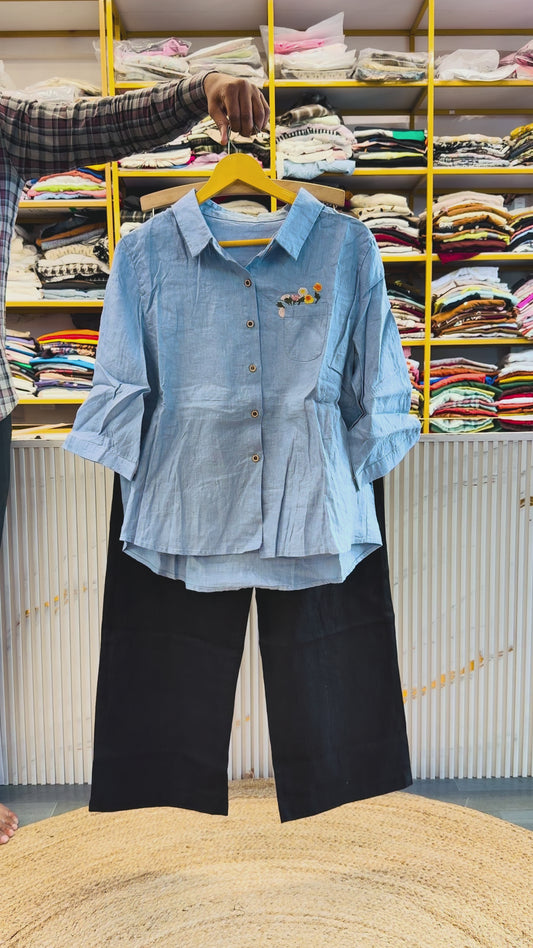 BLUE POCKET EMBROIDERY LINEN SHIRT WITH LINEN STRAIGHT PANT SET