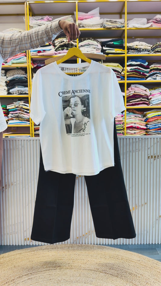 WHITE PRINT TSHIRT WITH BELL BOTTOM PANT SET