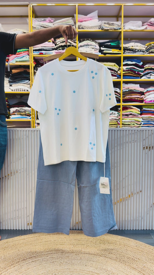 CASUAL EMBROIDERY TSHIRT WITH SOFT LINEN PANT SET