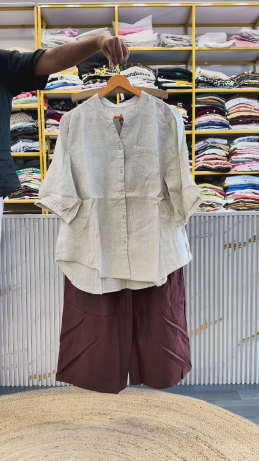 BACK EMBROIDERY LINEN TOP  WITH LINEN PANT SET