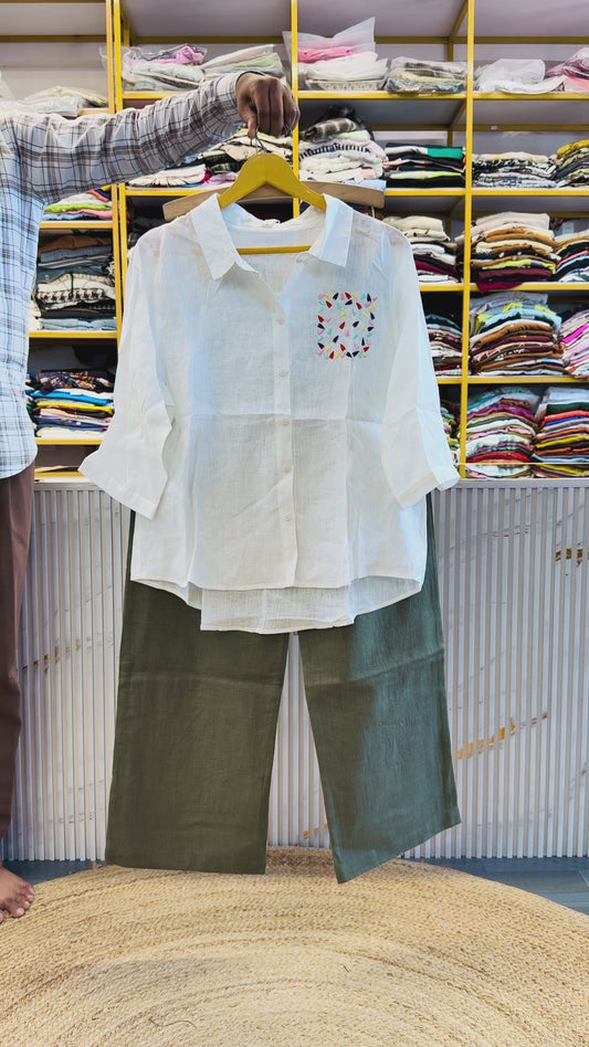 WHITE POCKET EMBROIDERY LINEN SHIRT WITH LINEN STRAIGHT PANT SET