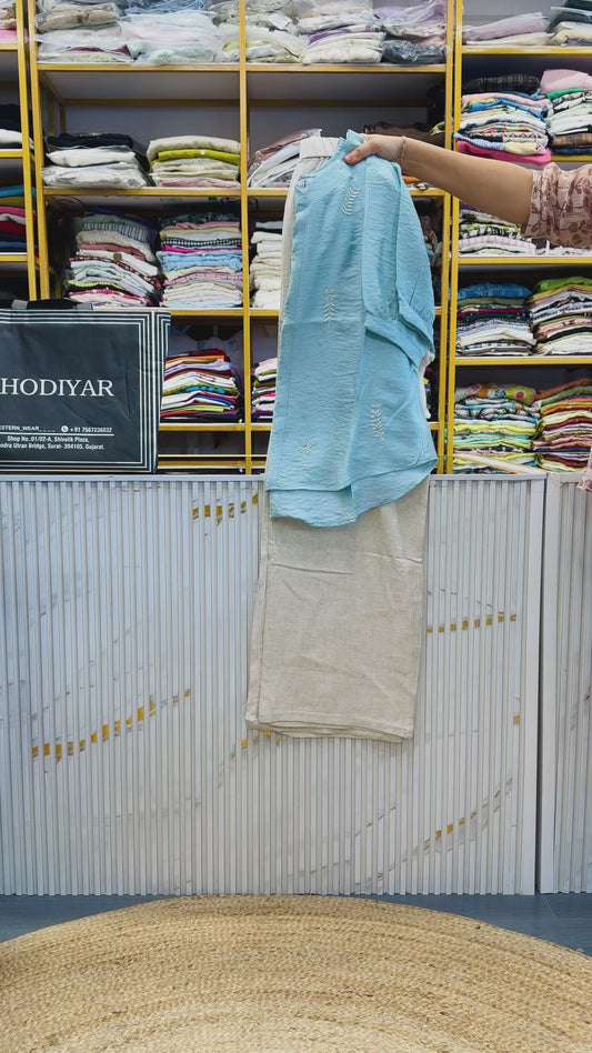CASUAL EMBROIDERY TOP WITH LINEN PANT SET