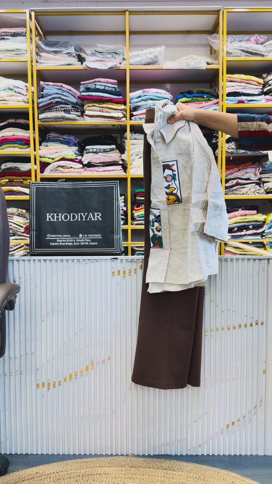 LINEN PATCH SHIRT WITH BELL BOTTOM PANT SET