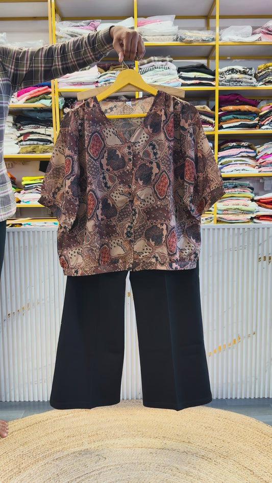 CHIFFON PRINT TOP WITH BELL BOTTOM PANT SET