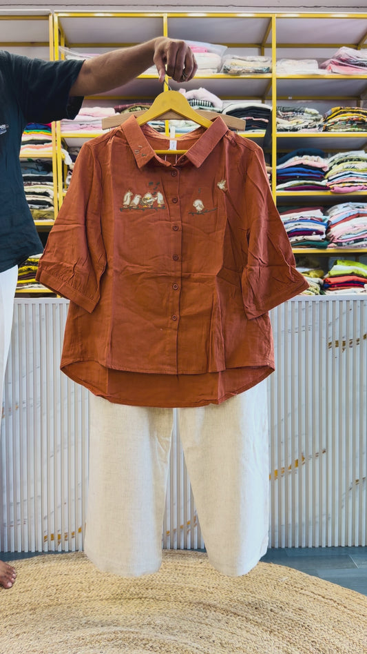 RUST EMBROIDERY MUL COTTON SHIRT WITH LINEN PANT SET
