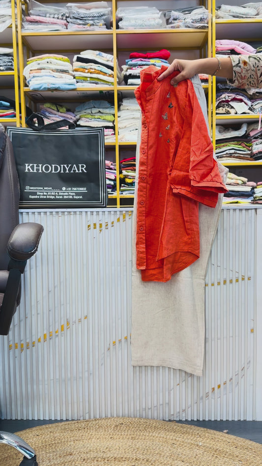 BUTTERFLY EMBROIDERY ORANGE LINEN TOP  WITH LINEN PANT SET