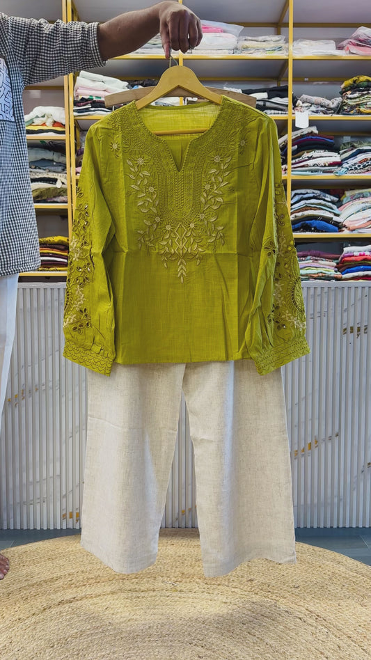 EMBROIDERY COTTON TOP WITH LINEN PANT SET