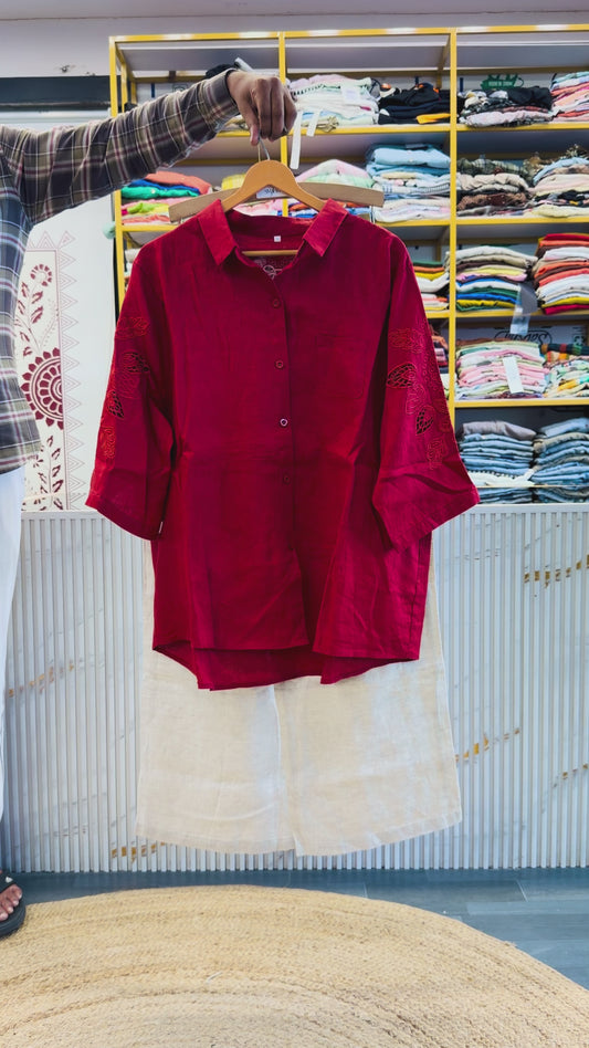 CUTWORK EMBROIDERY RED LINEN SHIRT WITH LINEN COMFORTABLE PANT SET