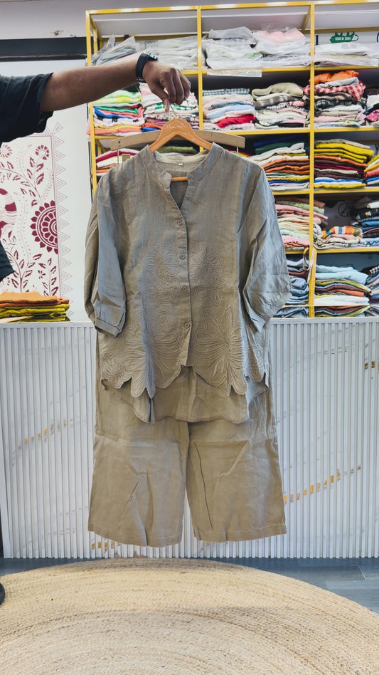 CUTWORK EMBROIDERY PURE LINEN COORD SET