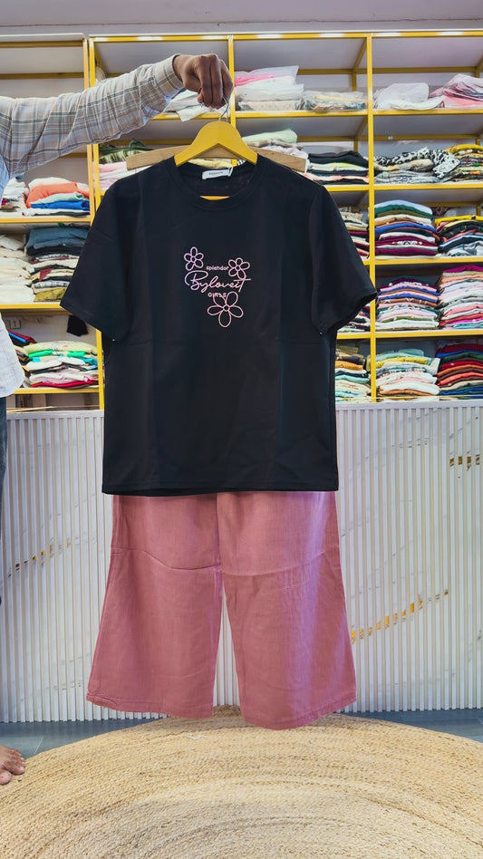 BLACK CASUAL TSHIRT WITH LINEN PANT SET