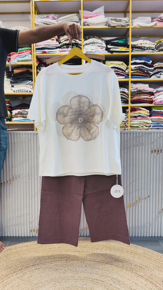 WHITE FLOWER EMBROIDEET CASUAL TSHIRT WITH LINEN STRAIGHT PANT SET