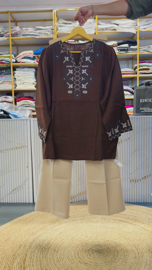 EMBROIDERY LINEN TUNIC WITH BELL BOTTOM TROUSER  PANT SET