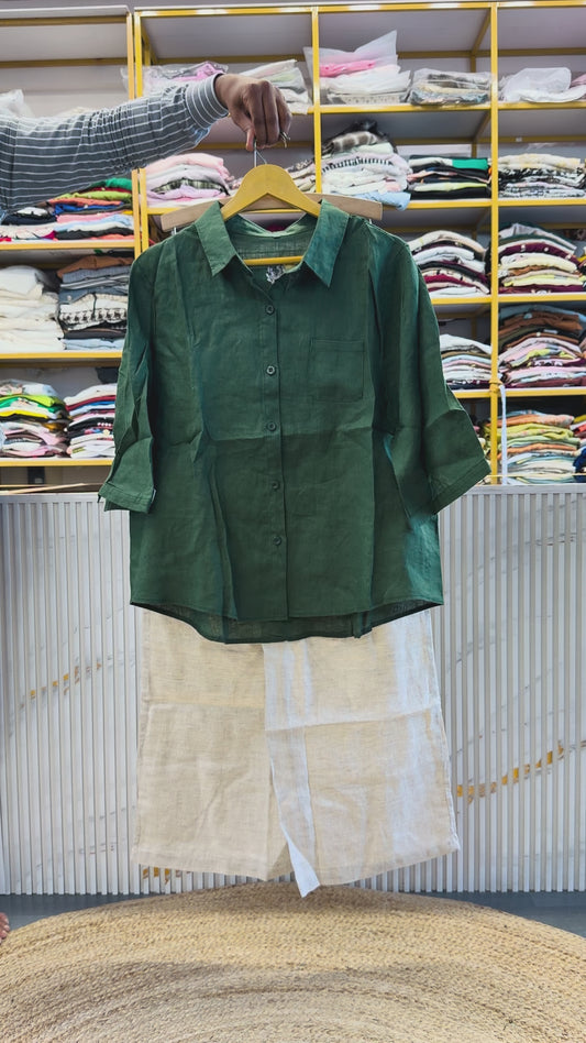 DARK GREEN BACK EMBROIDERY LINEN TOP  WITH LINEN PANT SET