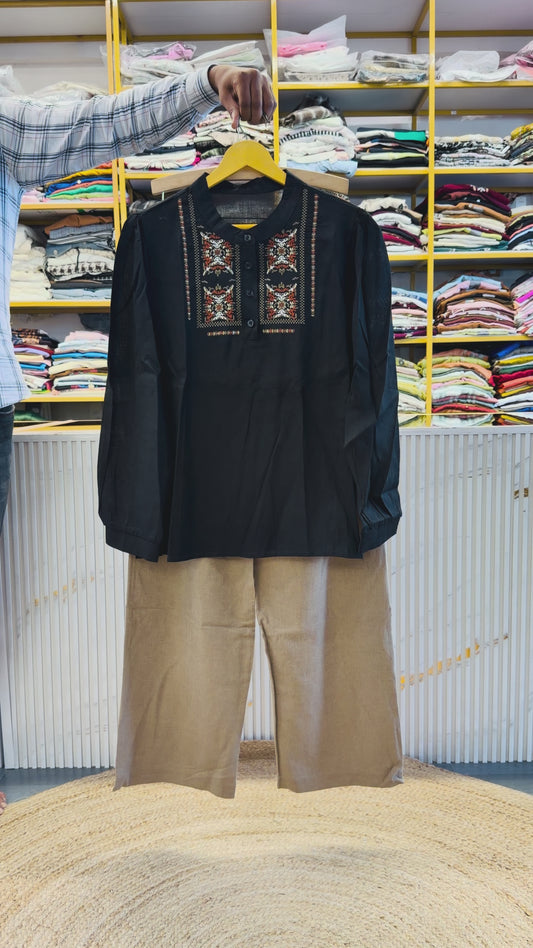 BLACK COTTON EMBROIDERY  TOP WITH LINEN PANT SET