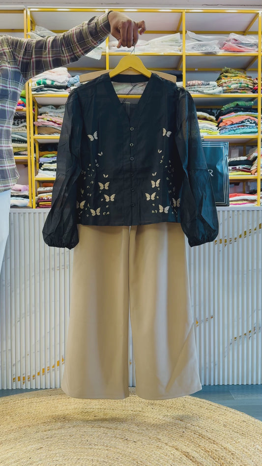 TISSUE BLACK BUTTERFLY EMBROIDERY TOP WITH BELL BOTTOM PANT SET