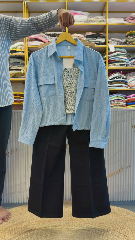 POWDER BLUE TWO PC SHIRT  WITH BELL BOTTOM PANT SET