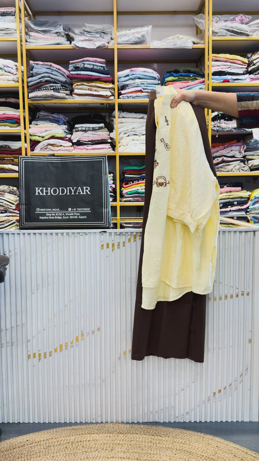 LEMON EMBROIDERY  LONG TOP   WITH BELL BOTTOM FIT TROUSER PANT SET