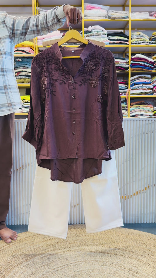 BROWN EMBROIDERY TOP WITH STRAIGHT PANT SET