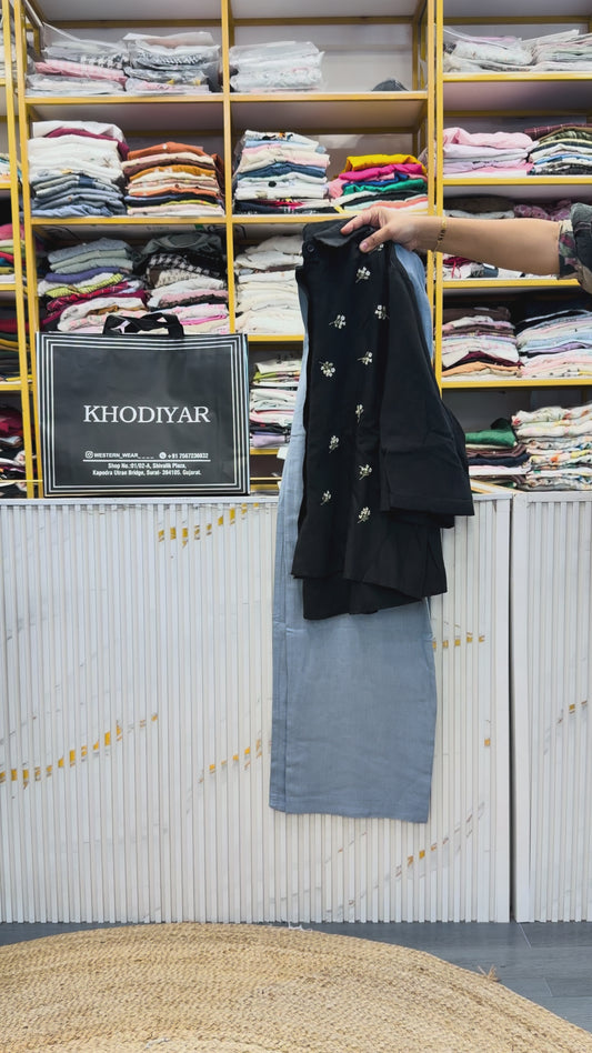BLACK EMBROIDERY LINEN TOP WITH LINEN PANT SET