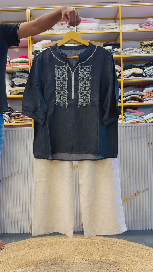 CHARCOAL SOFT DENIM  EMBROIDERY CASUAL TOP WITH LINEN PANT SET