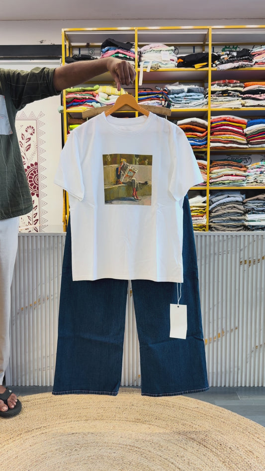 WHITE ARTIST PRINT COTTON TSHIRT WITH STRAIGHT DENIM PANT SET