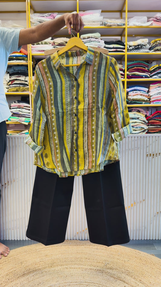 PRINT LINEN SHIRT  WITH BELL BOTTOM TROUSER PANT SET
