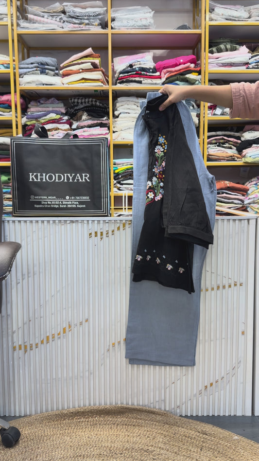 BLACK COTTON EMBROIDERY TOP WITH LINEN COMFORTABLE PANT SET
