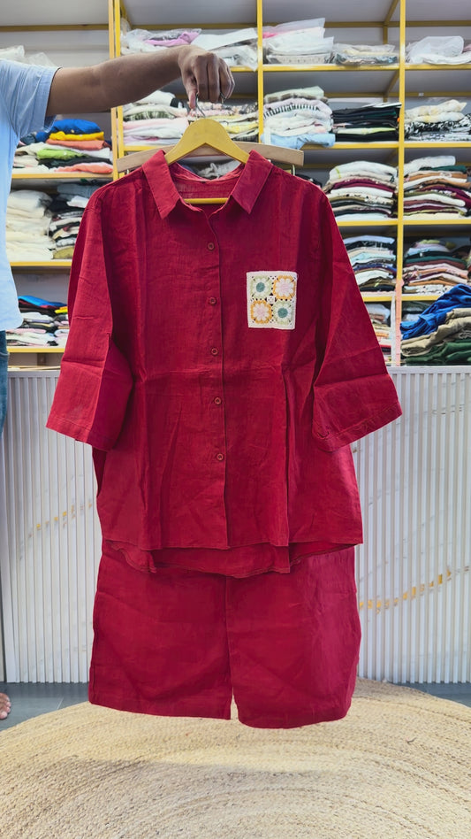REDISH MAROON CROCHET POCKET LINEN TOP WITH LINEN COMFORTABLE PANT SET