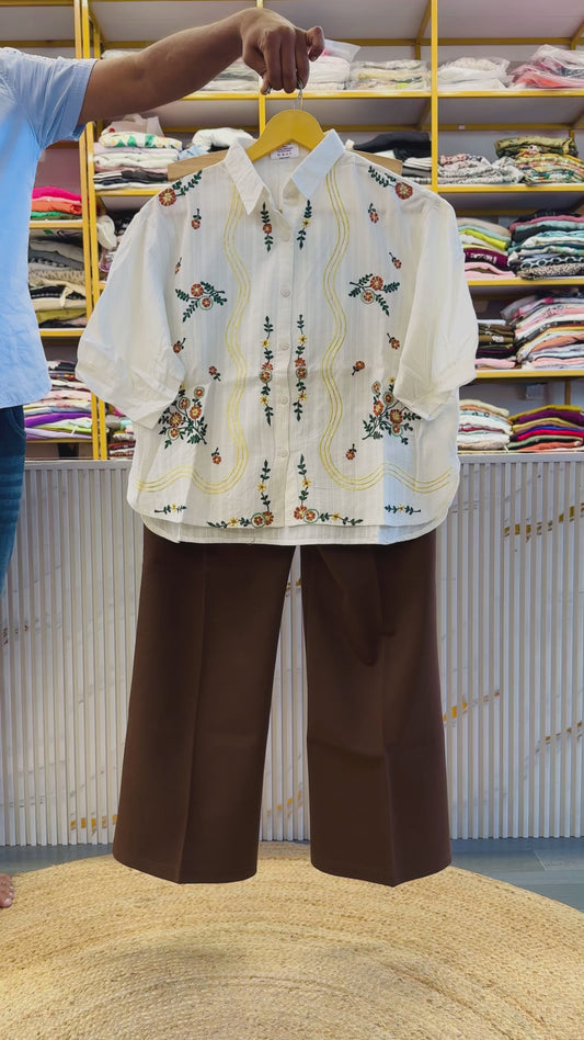 COTTON EMBROIDERY SHIRT WITH BELL BOTTOM STRETCHABLE TROUSER PANT SET
